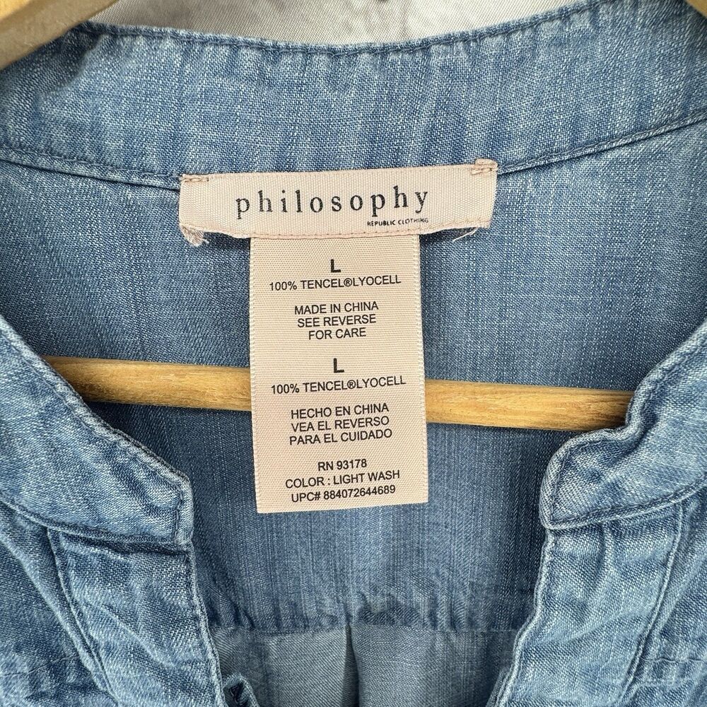 Philosophy Shift Dress L Blue Chambray Lace Up Boho Coastal Lagenlook - Picture 2 of 15